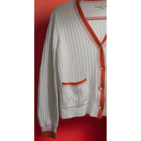 Y2K Preppy Cardigan Sweater LOFT Women’s L White Red Trim Ribbed Knit - Picture 2 of 7